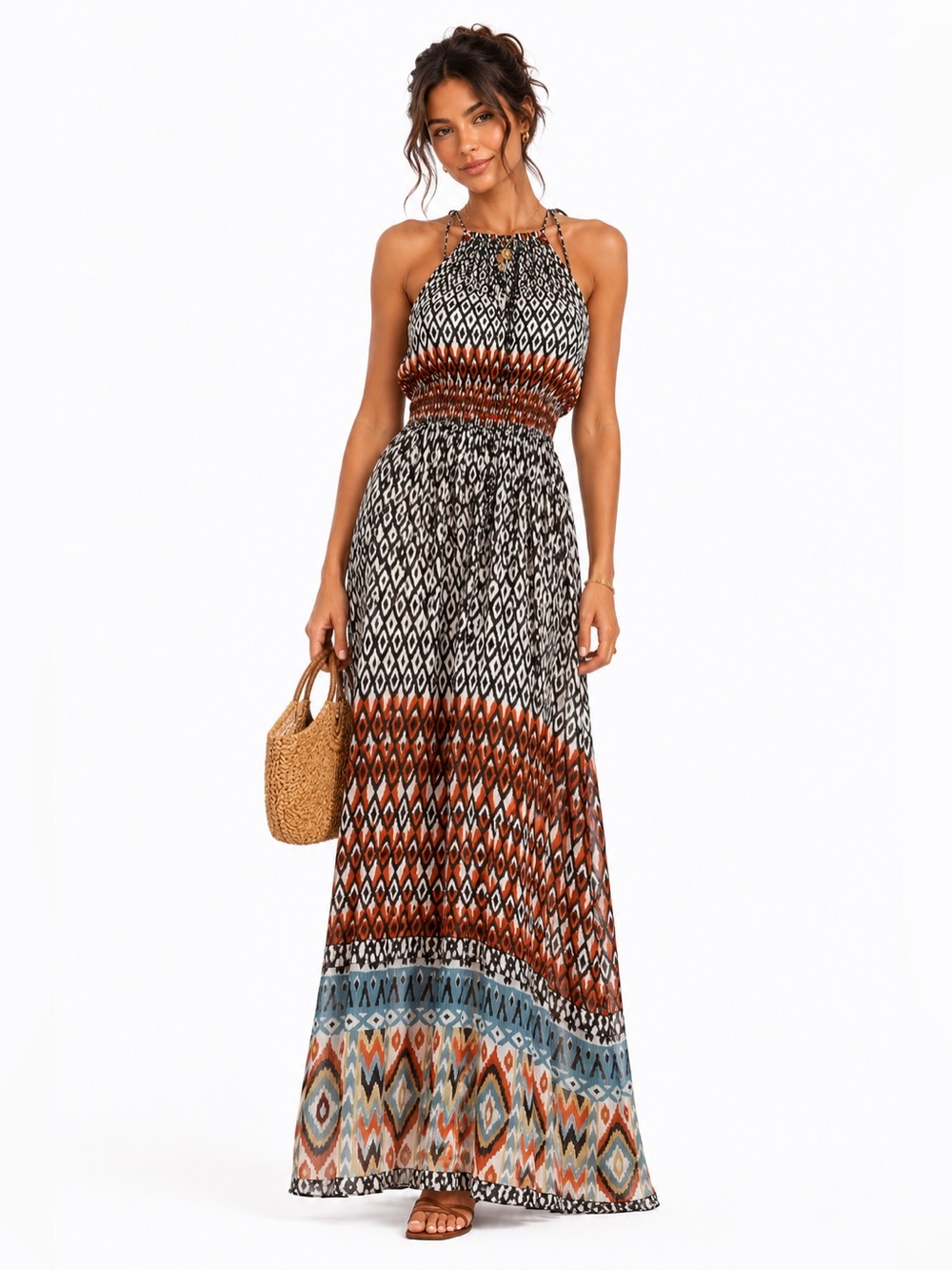 Boho Printed Halter Maxi Dress in Black & Rust CT